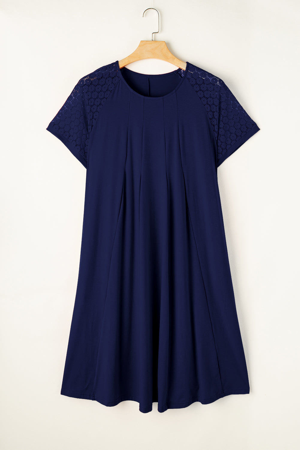 Navy Blue Plus Size Solid Color Lace Short Sleeve Pleated Swing Dress