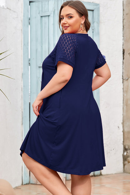 Navy Blue Plus Size Solid Color Lace Short Sleeve Pleated Swing Dress