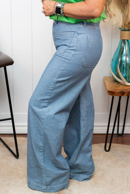 Dusk Blue Patched Pocket Textured Wide Leg Plus Size Jeans