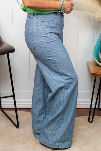 Dusk Blue Patched Pocket Textured Wide Leg Plus Size Jeans