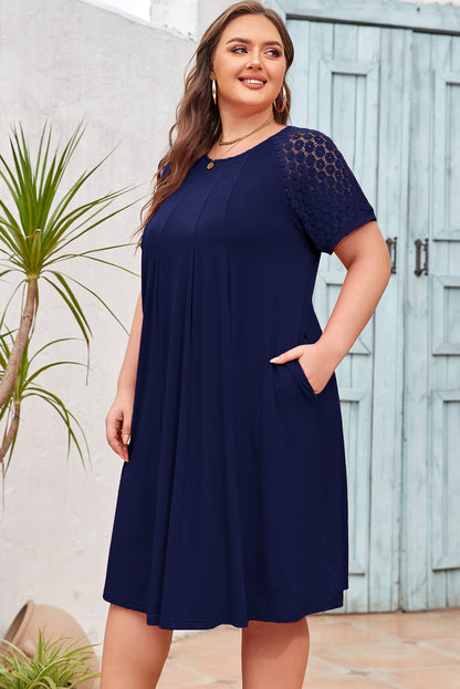 Navy Blue Plus Size Solid Color Lace Short Sleeve Pleated Swing Dress