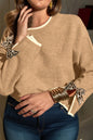 Tan Plus Size Leopard Bow Decor Split Cuffs Loose Sweater