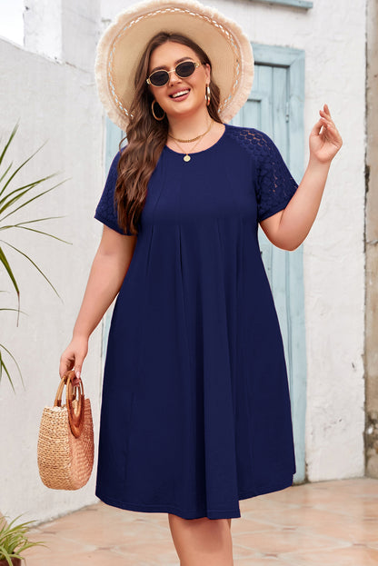 Navy Blue Plus Size Solid Color Lace Short Sleeve Pleated Swing Dress