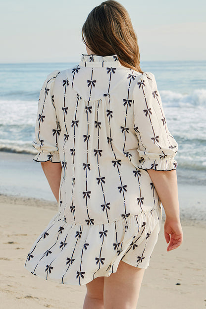 Apricot Striped Bow Print Puff Sleeve Ruffle Plus Size Mini Dress