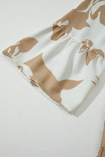 Khaki Abstract Print Ruffle Sleeve Tiered A-line Plus Size Long Dress