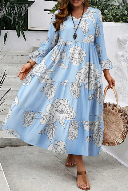 Sky Blue Floral Bell Sleeve V Neck Plus Size Tiered Maxi Dress